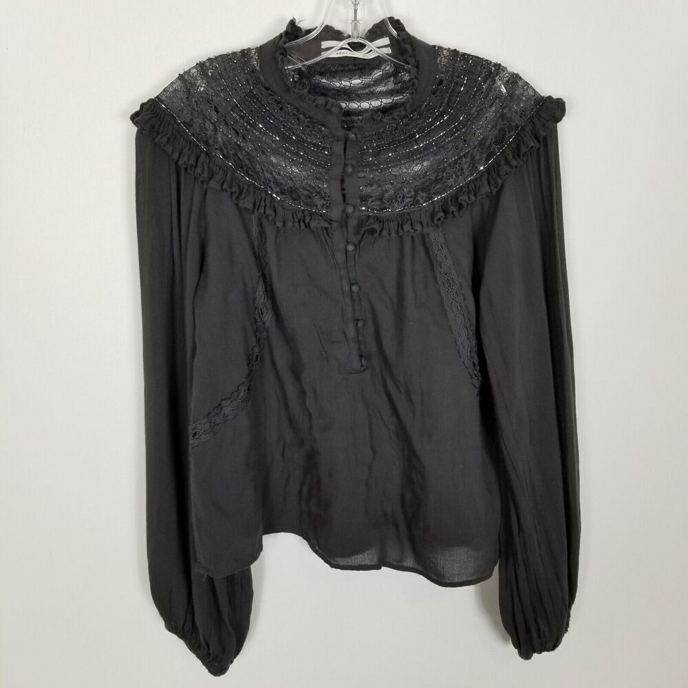 Anthropologie Women Lace Balloon Sleeve Lace Beaded Blouse Size US 6 Gray Top